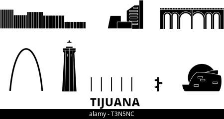 Mexico, Tijuana flat travel skyline set. Mexico, Tijuana black city vector illustration, symbol, travel sights, landmarks. Stock Vector