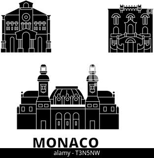 Monaco flat travel skyline set. Monaco black city vector illustration, symbol, travel sights, landmarks. Stock Vector
