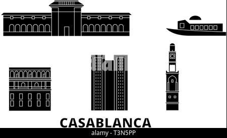 Morocco, Casablanca flat travel skyline set. Morocco, Casablanca black city vector illustration, symbol, travel sights, landmarks. Stock Vector