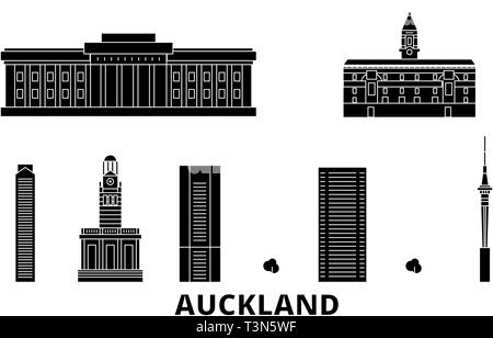 New Zealand, Auckland flat travel skyline set. New Zealand, Auckland black city vector illustration, symbol, travel sights, landmarks. Stock Vector