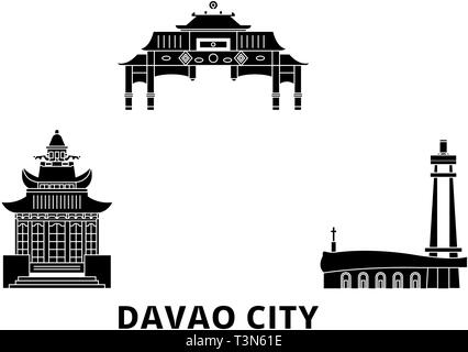 Philippines, Davao City flat travel skyline set. Philippines, Davao City black city vector illustration, symbol, travel sights, landmarks. Stock Vector