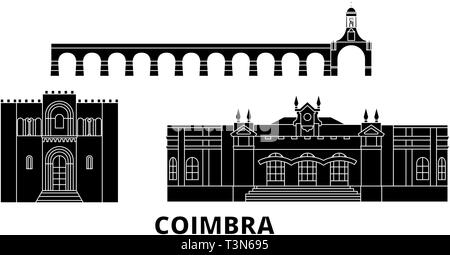 Portugal, Coimbra flat travel skyline set. Portugal, Coimbra black city vector illustration, symbol, travel sights, landmarks. Stock Vector