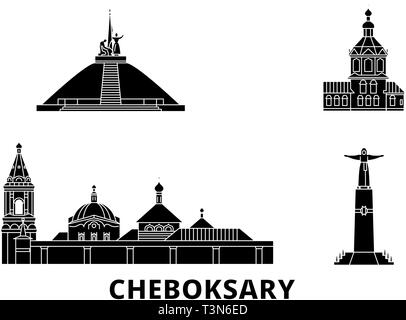 Russia, Cheboksary flat travel skyline set. Russia, Cheboksary black city vector illustration, symbol, travel sights, landmarks. Stock Vector