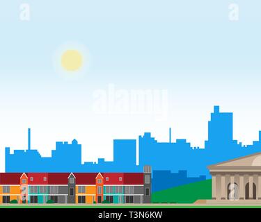 Urban landscape with large bright buildings and suburb with private houses on a background. Summer. Concept city and suburban life Stock Vector
