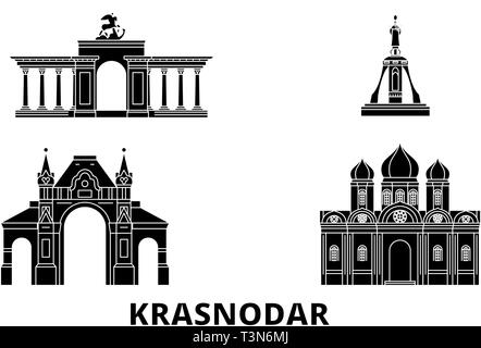 Russia, Krasnodar flat travel skyline set. Russia, Krasnodar black city vector illustration, symbol, travel sights, landmarks. Stock Vector