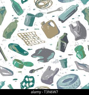 Seamless pattern ocean pollution. Vector illustration Hand drew doodle symbols collection. Keep the sea, plastic free concept. Vector Illustration Col Stock Vector