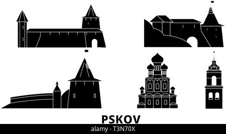 Russia, Pskov flat travel skyline set. Russia, Pskov black city vector illustration, symbol, travel sights, landmarks. Stock Vector