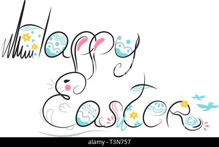Decorative Easter composition hand drawn black font on white background. Funny doodle from bunny, eggs, flowers, leaves. Vector Illustration greeting  Stock Vector