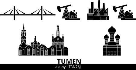 Russia, Tumen flat travel skyline set. Russia, Tumen black city vector illustration, symbol, travel sights, landmarks. Stock Vector