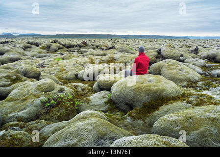 Traveler in a red jacket sits on a moss. Lava field on the south coast of Iceland, Europe. Tourist attraction. Amazing in nature. Cloudy summer day Stock Photo