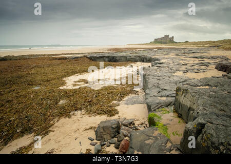 Bamburgh castle, brooding sky and beautiful empty beach, Northumberland ...