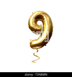 Number 9 gold foil helium balloon isolated on a white background. 3D Render Stock Photo