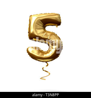 Number 5 gold foil helium balloon isolated on a white background. 3D Render Stock Photo