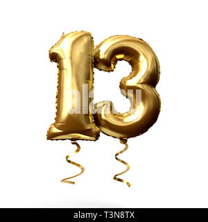 Number 13 gold foil helium balloon isolated on a white background. 3D Render Stock Photo