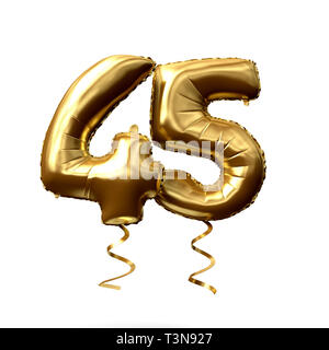 Number 45 gold foil helium balloon isolated on a white background. 3D Render Stock Photo