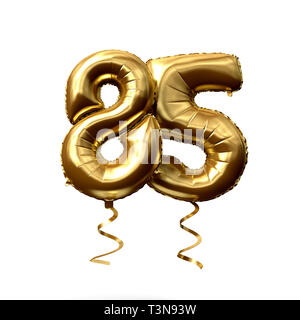 Number 85 gold foil helium balloon isolated on a white background. 3D Render Stock Photo