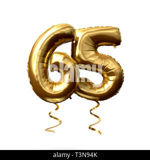 Number 65 gold foil helium balloon isolated on a white background. 3D Render Stock Photo