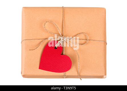 Gift box with blank heart-shaped labels isolated on white Stock Photo