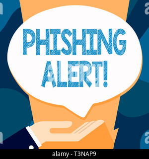 Writing note showing Phishing Alert. Business concept for direct user visit site where they asked demonstratingal information Palm Up in Supine positi Stock Photo