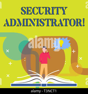 Conceptual hand writing showing Security Administrator. Concept meaning demonstrating who administers user access rights to systems Man Standing Behin Stock Photo