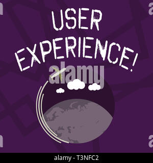 Text sign showing User Experience. Business photo showcasing demonstratings emotions and attitudes about using product system Airplane with Moving Ico Stock Photo