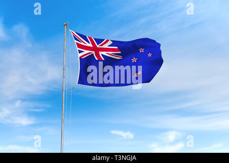 New Zealand flag blowing in the wind over nice blue sky background Stock Photo