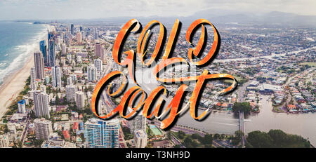 Gold Coast elegant lettering over aerial landscape of  Gold Coast city and Nerang river in Queensland, Australia Stock Photo