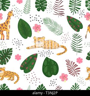 Tropical Seamless pattern with leopard, giraffe, palm leaves Stock Vector
