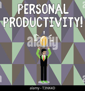 Word writing text Personal Productivity. Business photo showcasing means the state or quality of being productive Businessman Standing Raising Arms Up Stock Photo