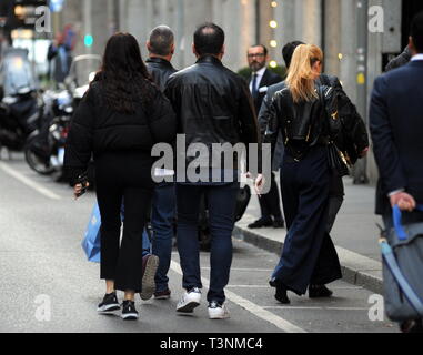 Milan, Italy. 10th Apr, 2019. Milan, Michelle Hunziker and Aurora Ramazzotti shopping together Michelle Hunziker and her daughter Aurora Ramazzotti arrive in the center and together they go shopping at 'Banner'. With them as usual the bodyguards who accompany them all the way home. Credit: Independent Photo Agency Srl/Alamy Live News Stock Photo