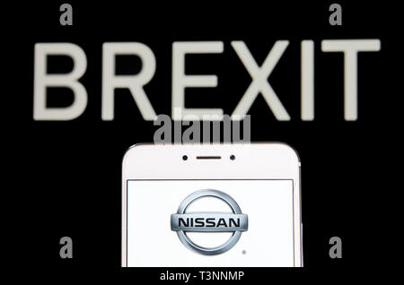 Hong Kong. 5th Apr, 2019. In this photo illustration a Japanese multinational automobile manufacturer Nissan logo is seen on an Android mobile device with a Brexit message in the background. Credit: Budrul Chukrut/SOPA Images/ZUMA Wire/Alamy Live News Stock Photo