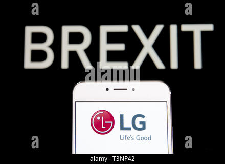 Hong Kong. 6th Apr, 2019. In this photo illustration a South Korean multinational technology LG conglomerate corporation logo is seen on an Android mobile device with a Brexit message in the background. Credit: Budrul Chukrut/SOPA Images/ZUMA Wire/Alamy Live News Stock Photo