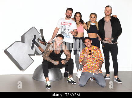 (L to R) Ashley Cain, Johnny Bananas, Nany Gonzalez, Stephen Bear, Georgia Harrison and Kyle Christie from MTV’s brand new series, The Challenge: War Of The Worlds attend press launch at MTV HQ, Hawley Crescent, Camden Stock Photo