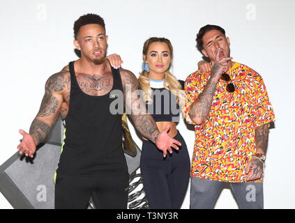 (L to R) Ashley Cain, Georgia Harrison and Stephen Bear from MTV’s brand new series, The Challenge: War Of The Worlds attend press launch at MTV HQ, Hawley Crescent, Camden Stock Photo