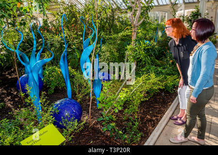 Kew Gardens, London, UK. 11th Apr 2019. Turquoise Marlins and Floats - Chihuly: Reflections on nature at Kew Gardens - Dale Chihuly exhibits his luminous glass artworks, featuring pieces never seen before in the UK. Chihuly's sculptures transform the Gardens and glasshouses into a contemporary outdoor gallery space. Credit: Guy Bell/Alamy Live News Stock Photo