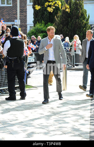 London, UK. 11th Apr, 2019. Duke of Sussex, Prince Harry, seen arriving and greeting member of the public at Future Youth Zone, Porters Avenue, Dagenham, Essex. Credit: Terry Scott/SOPA Images/ZUMA Wire/Alamy Live News Stock Photo