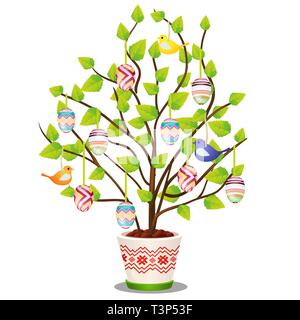 Artificial Easter plant with hanging decorated eggs and birds isolated on white background. Vector cartoon close-up illustration. Stock Vector