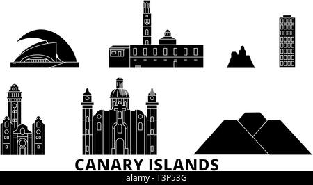 Spain, Canary Islands flat travel skyline set. Spain, Canary Islands black city vector illustration, symbol, travel sights, landmarks. Stock Vector