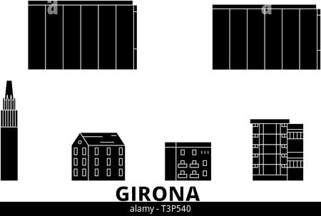 Spain, Girona flat travel skyline set. Spain, Girona black city vector illustration, symbol, travel sights, landmarks. Stock Vector