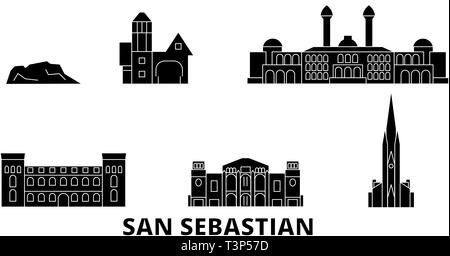 Spain, San Sebastian flat travel skyline set. Spain, San Sebastian black city vector illustration, symbol, travel sights, landmarks. Stock Vector