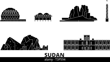 Sudan flat travel skyline set. Sudan black city vector illustration, symbol, travel sights, landmarks. Stock Vector