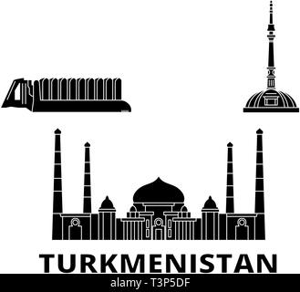 Turkmenistan flat travel skyline set. Turkmenistan black city vector illustration, symbol, travel sights, landmarks. Stock Vector