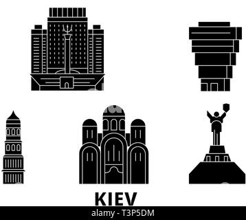 Ukraine, Kiev flat travel skyline set. Ukraine, Kiev black city vector illustration, symbol, travel sights, landmarks. Stock Vector