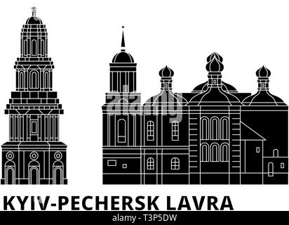 Ukraine, Kyiv, Pechersk Lavra flat travel skyline set. Ukraine, Kyiv, Pechersk Lavra black city vector illustration, symbol, travel sights, landmarks. Stock Vector