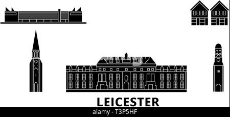 United Kingdom, Leicester flat travel skyline set. United Kingdom, Leicester black city vector illustration, symbol, travel sights, landmarks. Stock Vector