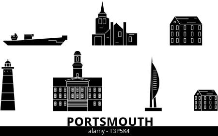 United Kingdom, Portsmouth flat travel skyline set. United Kingdom, Portsmouth black city vector illustration, symbol, travel sights, landmarks. Stock Vector