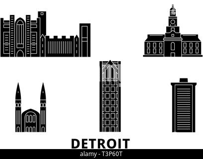 United States, Detroit flat travel skyline set. United States, Detroit black city vector illustration, symbol, travel sights, landmarks. Stock Vector