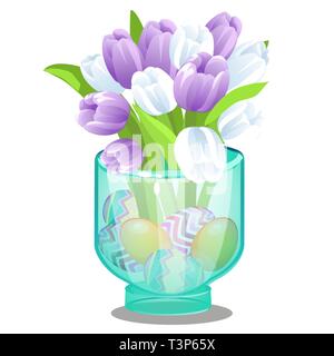 Glass vase with fresh flowers tulips and Easter eggs isolated on white background. Vector cartoon close-up illustration. Stock Vector
