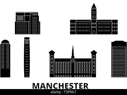 United States, Manchester flat travel skyline set. United States, Manchester black city vector illustration, symbol, travel sights, landmarks. Stock Vector