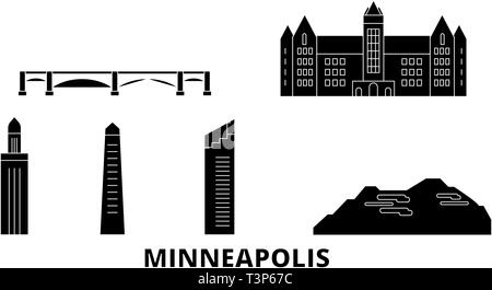 United States, Minneapolis flat travel skyline set. United States, Minneapolis black city vector illustration, symbol, travel sights, landmarks. Stock Vector